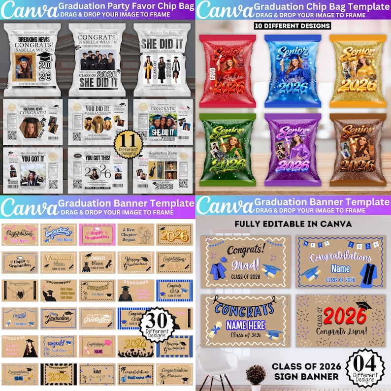Abschluss Mega Bundle Canva Templates, Class of 2026 Grad Kit, Bootleg Shirts, Fan Paddles, Zeitung, Stola, Banner, Partygeschenke, Dekor Bild 8