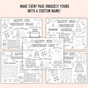 May include: A collection of black and white birthday activity pages for children. Each page features a birthday theme with mazes, word scrambles, and coloring activities. The pages are personalized with names and ages, such as "Happy 5th Birthday Noah."