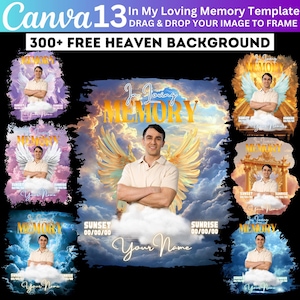 May include: Four digital templates for memorial tributes. Each template features a person with angel wings against a cloudy sky background. The text "In Loving Memory" is displayed in gold letters. The templates are customizable with a photo and text.