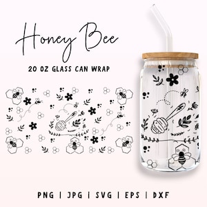 20oz Honeycomb Libbey Glass Can Svg, Bee Glass Can Wrap, Bee Floral can Wrap, Bee and daisy Libbey glass, Daisy svg files for Cricut