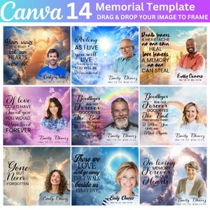 May include: A collage of 14 memorial templates with a cloudy sky background and rainbow accents. Each template features a photo frame and a quote about love, loss, and remembrance. The quotes include "Your wings were ready but our hearts were not", "As long as I live you will live", "Death leaves a heartache no one can heal", "Goodbyes are not forever", "Gone but never forgotten", "Those we love don't go away", and "In loving memory forever in our hearts".