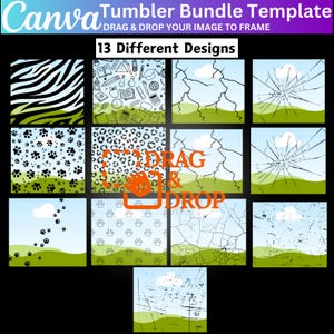 Op de afbeelding: Een set van 13 verschillende ontwerpen voor bekers. De ontwerpen omvatten een zebraprint, een schoolthema-patroon, een gebarsten glaseffect, poot afdrukken, een luipaardprint en meer. De ontwerpen zijn allemaal in zwart-wit met een groene achtergrond.
