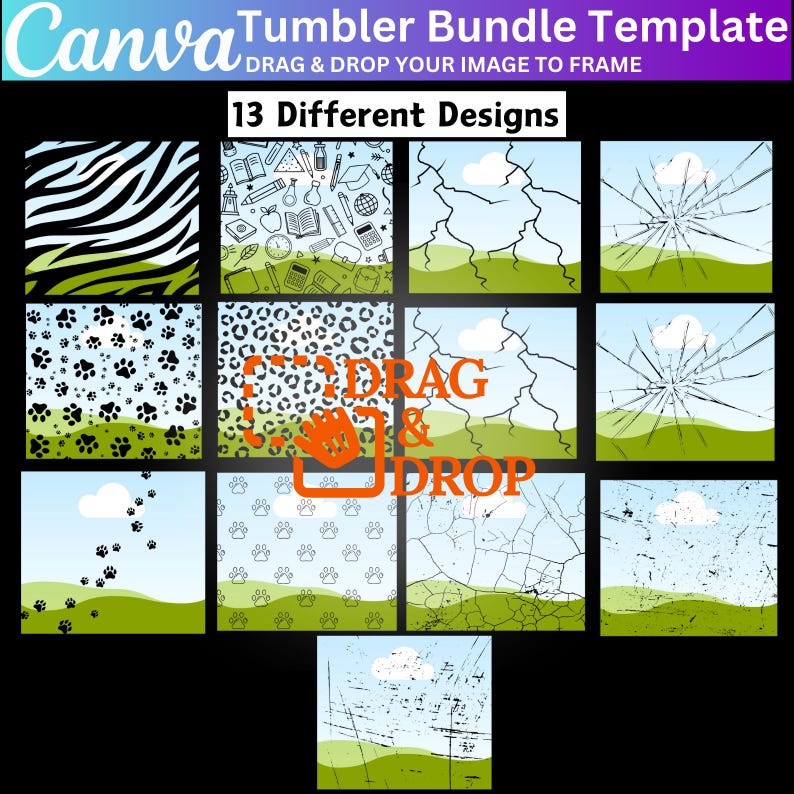 Op de afbeelding: Een set van 13 verschillende ontwerpen voor bekers. De ontwerpen omvatten een zebraprint, een schoolthema-patroon, een gebarsten glaseffect, poot afdrukken, een luipaardprint en meer. De ontwerpen zijn allemaal in zwart-wit met een groene achtergrond.
