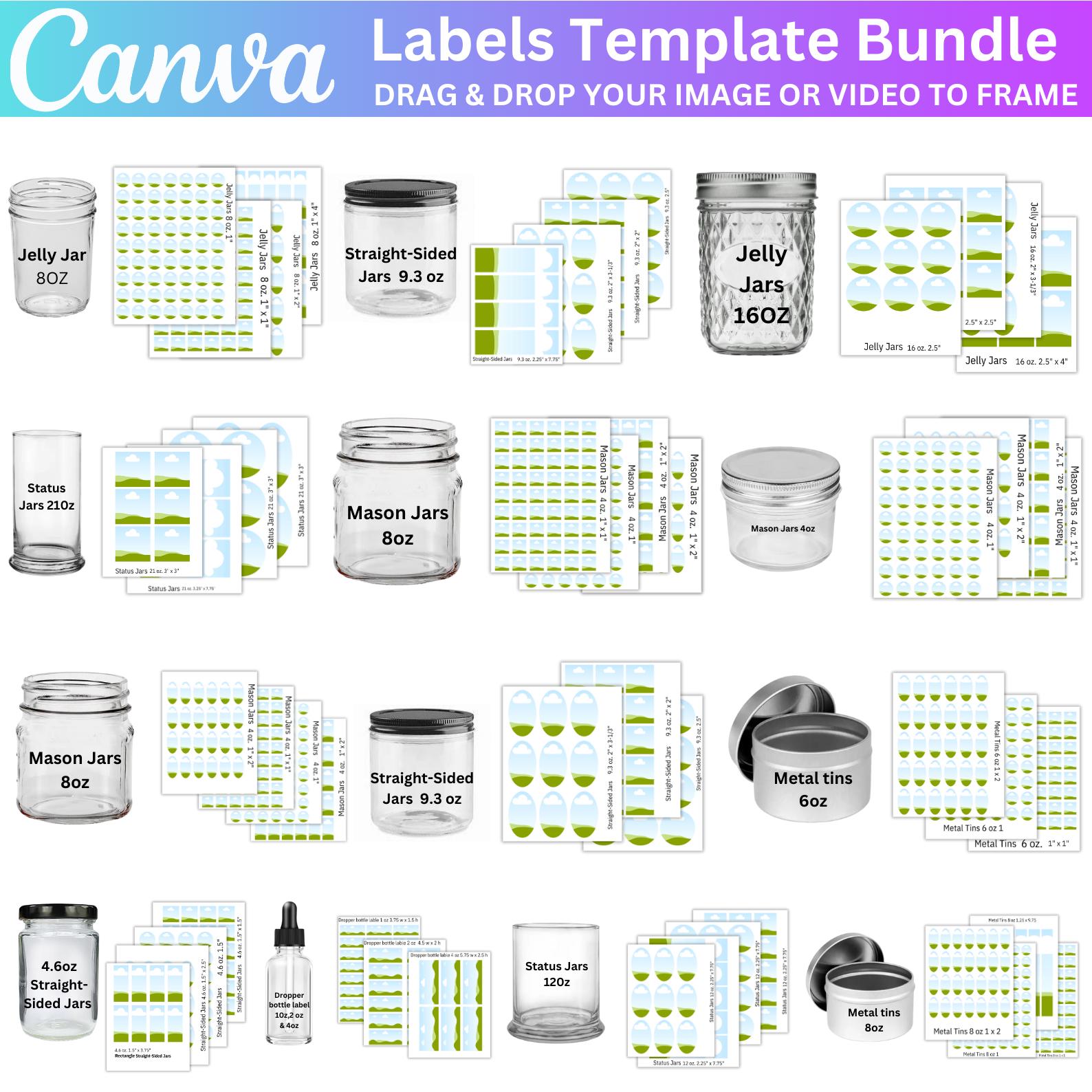 Canva Editable Label Template Bundle, Mason Jar 4, 8oz Label Template