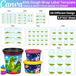 May include: A digital Kids Dough Wrap Label Template for 8.5 inch by 11 inch sheets featuring 08 different designs. The template includes various wrap and circular label sizes for 1oz, 2oz, 3oz, and 5oz containers, showcasing dinosaur and space themes.