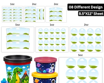 May include: A digital Kids Dough Wrap Label Template for 8.5 inch by 11 inch sheets featuring 08 different designs. The template includes various wrap and circular label sizes for 1oz, 2oz, 3oz, and 5oz containers, showcasing dinosaur and space themes.
