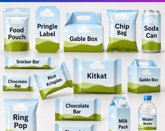 Può includere: Una collezione di mockup per bomboniere con un design a cielo azzurro e colline verdi. Gli articoli includono un sacchetto per alimenti, etichetta Pringle, scatole gable, sacchetto di patatine, lattina, barrette di cioccolato e bottiglia d'acqua.
