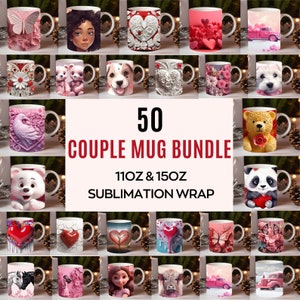 3D Valentine Becher Wrap Bundle, Herz 11 Unzen & 15 Unzen Becher Designs, Paar Becher Sublimation Wrap, Herzen Becher JPG, Rosa Herz In einem Loch Becher Designs
