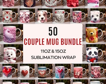 3D Valentine Mug Wrap Bundle, Heart 11oz & 15oz Mug Designs, Couple Mug Sublimation Wrap, Hearts Mug JPG, Pink Heart In A Hole Mug Designs
