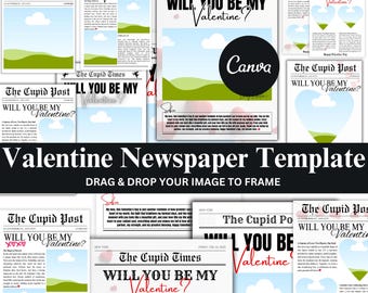 Will You Be My Valentine Newspaper Template Bundle, Custom Valentines Cupid Post Newspaper, Valentine’s Day Designs Canva Gift, Digital File
