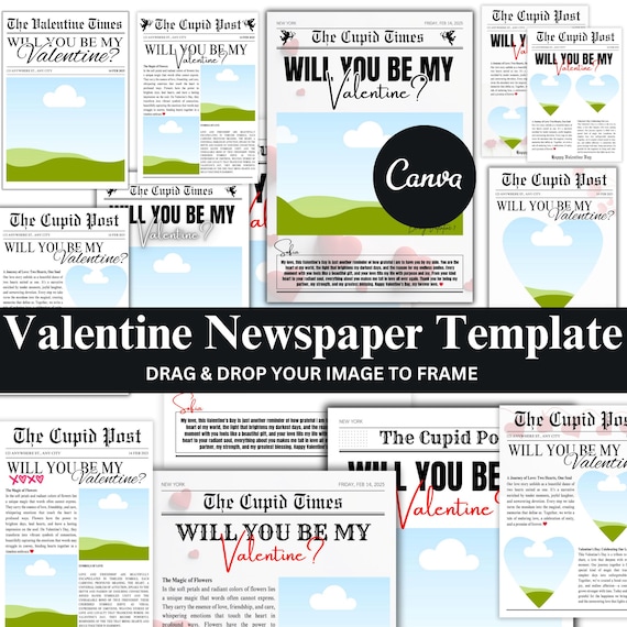 Will You Be My Valentine Newspaper Template Bundle, Custom Valentines Cupid Post Newspaper, Valentine’s Day Designs Canva Gift, Digital File