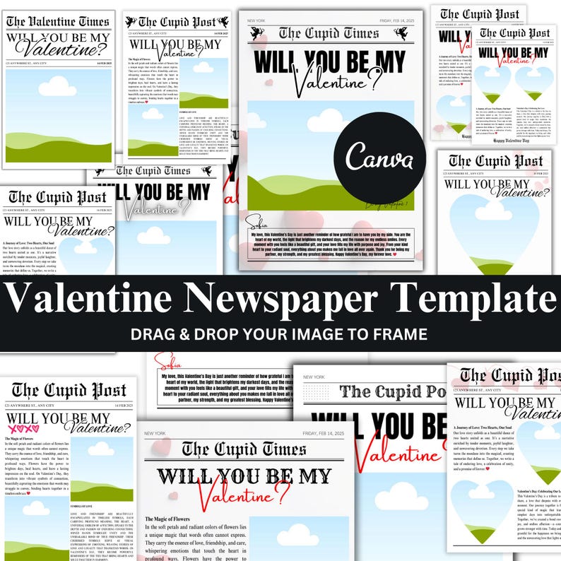Pode incluir: Um modelo de jornal para o Dia dos Namorados com um cora&ccedil;&atilde;o, nuvens e uma colina verde. O texto diz "Quer ser meu Valentine?" e "The Cupid Post".
