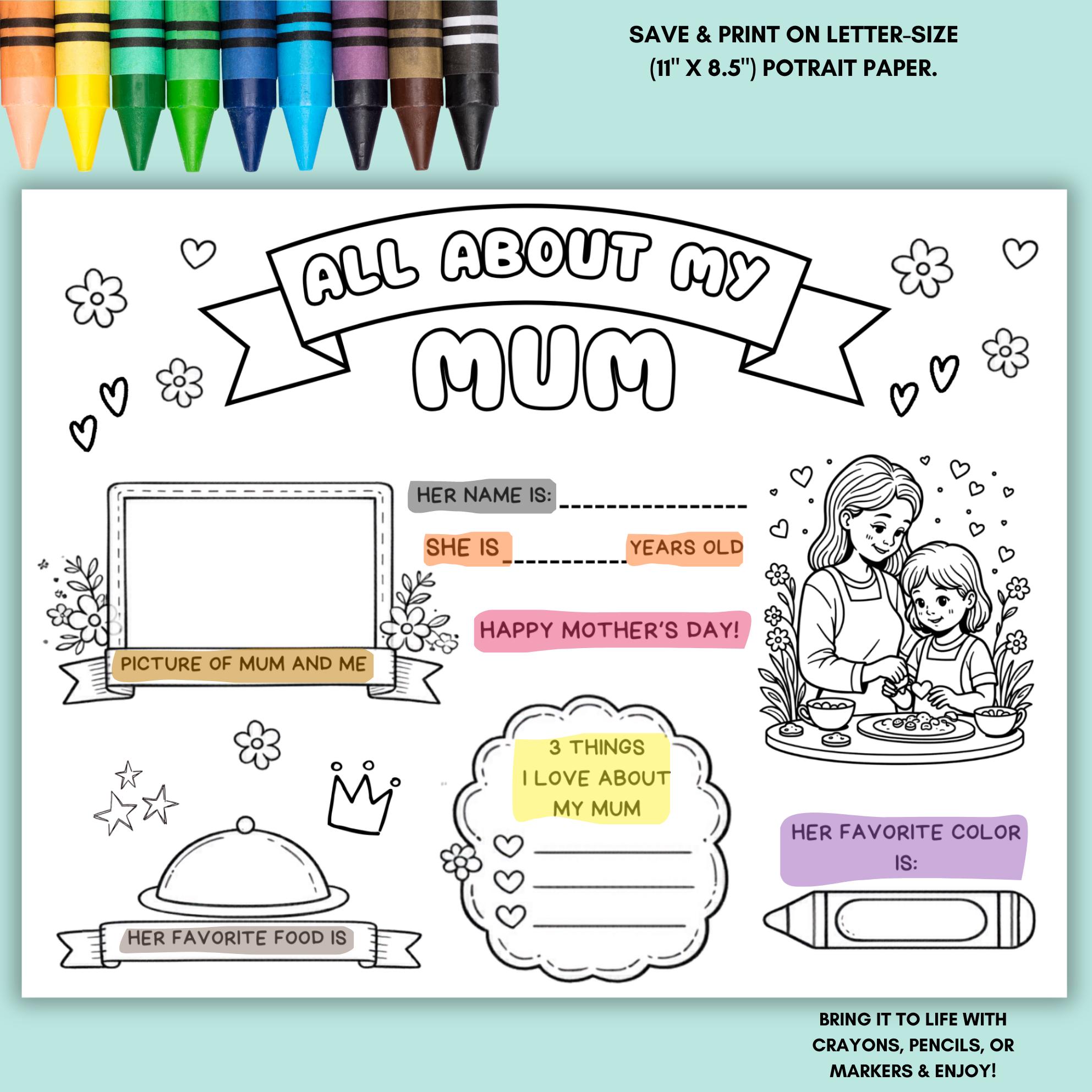 Mother’s Day Activity Sheet Printable, All About Mom Placemat, Kids DIY ...