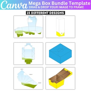 May include: A Canva Mega Box Bundle Template with 15 different box designs. The designs include various box styles, such as folding boxes, rectangular boxes, and square boxes. The image includes the text "DRAG & DROP YOUR IMAGE TO FRAME".