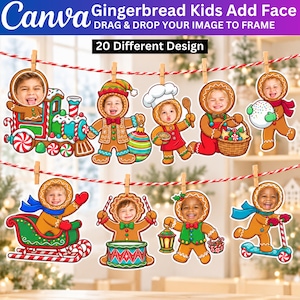 May include: A digital template featuring 20 gingerbread-themed photo frames hanging from a red and white string. Each cutout shows a gingerbread character with a circular hole for a face, including designs like a train, chef, and sleigh.