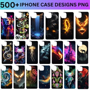 May include: A collection of 24 colourful iPhone case designs. The designs feature a variety of themes, including animals, nature, and abstract art. The cases are all black and have a glossy finish.