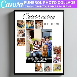 May include: A framed photo collage with the text "Celebrating the Life of" and "Family Not Forgotten 12-04-2024." The collage includes family photos and the Canva logo.