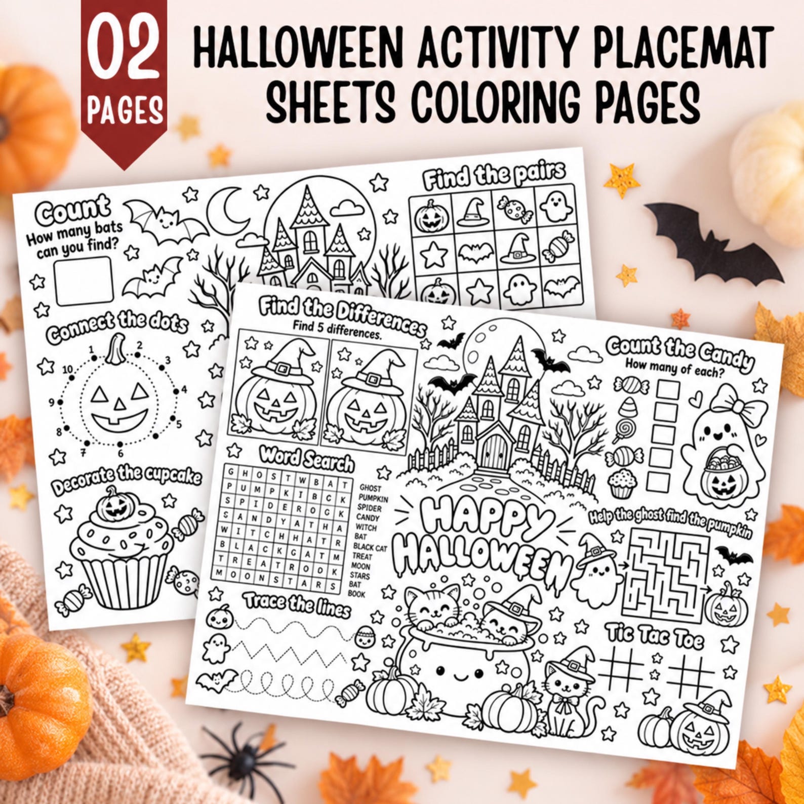 Two Halloween activity placemat previews with outlined characters, games and coloring areas.