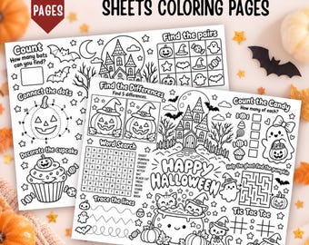 2 Halloween Activity Placemats, Printable Halloween Games for Kids, Coloring Placemat, Halloween Party Activity, Classroom Worksheet