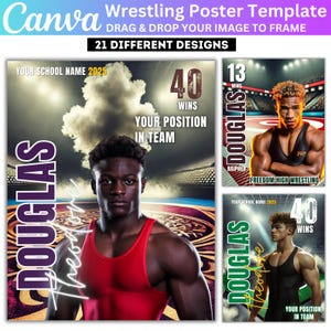 May include: Three wrestling posters with a wrestler in each. The posters are green, red, and brown with the wrestler's name "DOUGLAS" in large purple letters. The text "YOUR SCHOOL NAME 2025" and "40 WINS" are also on the posters.