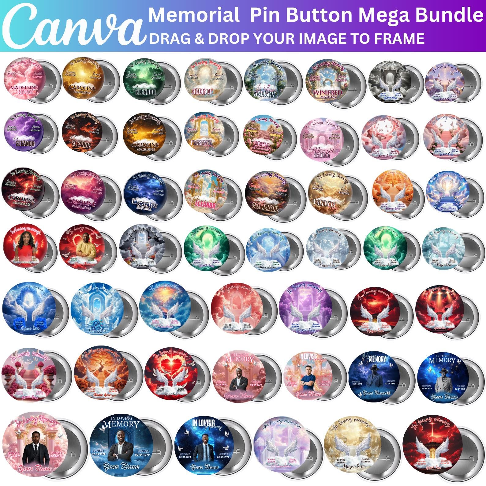 In Loving Memory Pin Button Mega Bundle Templates, Memorial Pin Button Canva Designs, Editable Funeral Button Favors, RIP PNG Templates