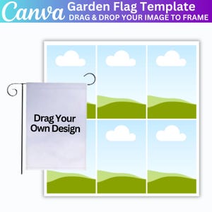 Könnte beinhalten: Eine weiße Gartenflaggenvorlage mit blauem Himmel und grünem Hügelhintergrund. Der Text "Drag Your Own Design" ist auf die Flagge gedruckt.