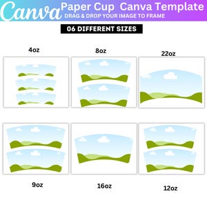 Paper Cup Wrapper Template Bundle, Canva Editable Blank Paper Cup Wrap Template, 4oz- 8oz- 9oz- 12oz- 16oz - 22oz Coffee Cup Wrapper Canva image 2