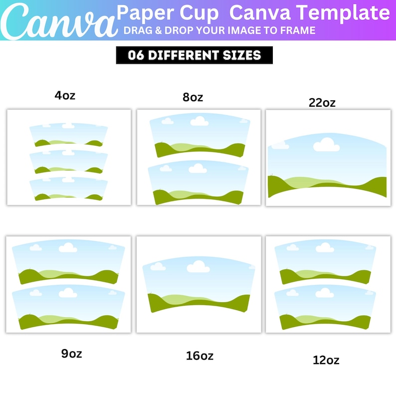 Paper Cup Wrapper Template Bundle, Canva Editable Blank Paper Cup Wrap Template, 4oz- 8oz- 9oz- 12oz- 16oz - 22oz Coffee Cup Wrapper Canva image 2