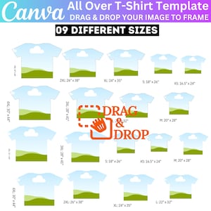 May include: Nine different sizes of t-shirt templates with a blue sky, white clouds, and green hills design. The text "DRAG & DROP YOUR IMAGE TO FRAME" and "09 DIFFERENT SIZES" are at the top of the image.