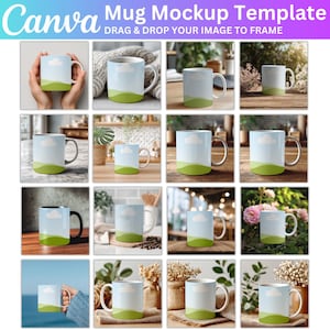 Könnte beinhalten: Ein Mockup-Template für Tassen mit mehreren Bildern von weißen Keramikbechern. Jeder Becher zeigt einen hellblauen Himmel mit einer weißen Wolke und einem grünen Grasdesign. Der Text "Canva Mug Mockup Template" ist oben zu sehen.