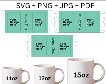 May include: Mug wrap template for 11, 12, and 15 ounce mugs. The template includes four sections for text and images, with the words "Your Design Here" in each section. The template is designed to be printed and wrapped around a mug.