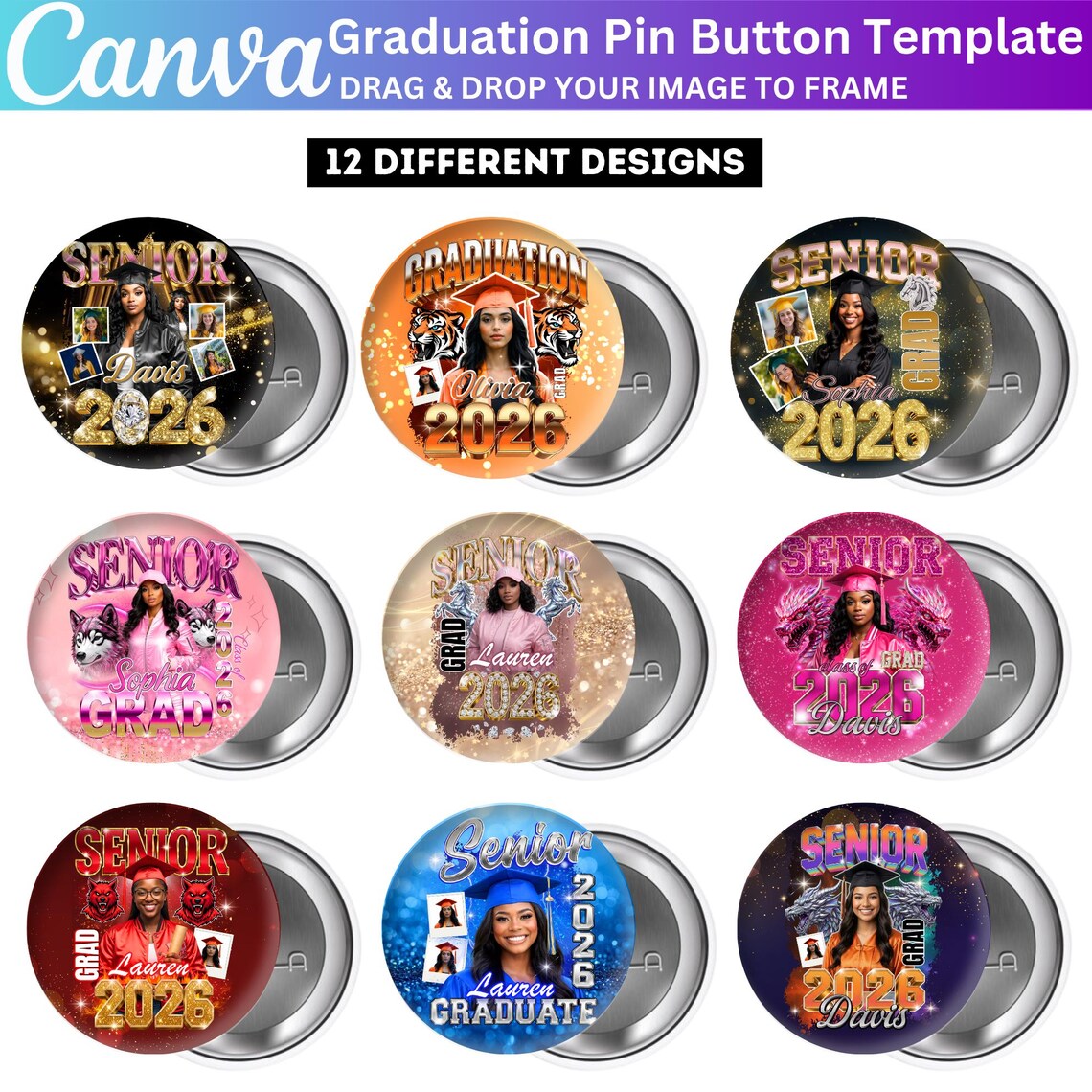 12 Graduation Pin Button Template, Canva Editable Congrats Grad Class ...