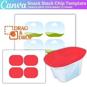 May include: A printable template for creating snack stack chip labels. The template includes four labels with a blue sky and green hills design. The labels are designed to be placed on a clear plastic container with a red lid. The text "DRAG & DROP YOUR IMAGE TO FRAME" is included on the template.