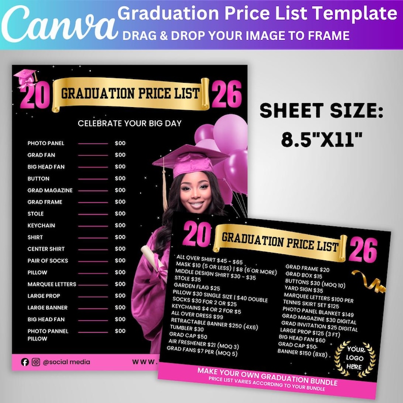 Grad List 4X Graduation Price List Canva Editable Template, Class of 2026 Grad ...