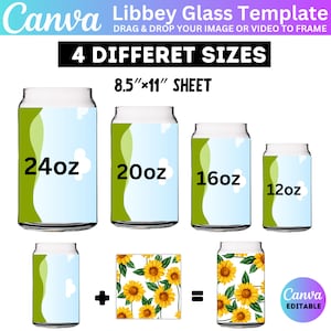 Könnte beinhalten: Vier verschiedene Größen von klaren Glas-Dosen-Vorlagen mit einem blauen und grünen Design. Die Vorlagen sind mit 24oz, 20oz, 16oz und 12oz beschriftet. Ein Sonnenblumenmuster wird auf weißem Hintergrund gezeigt. Der Text "Canva Editable" befindet sich in der unteren rechten Ecke.