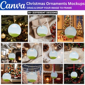 Könnte beinhalten: Eine Sammlung von runden Weihnachtsbaumschmuck-Mockups mit einem Landschaftsmotiv aus hellblauem Himmel, einer weißen Wolke und grünen Hügeln. Der Text Canva Christmas Ornaments Mockups und 30+ DIFFERENT DESIGNS ist sichtbar.