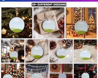 May include: A collection of round Christmas ornament mockups featuring a landscape design with a light blue sky, a single white cloud, and green rolling hills. The text Canva Christmas Ornaments Mockups and 30+ DIFFERENT DESIGNS is visible.