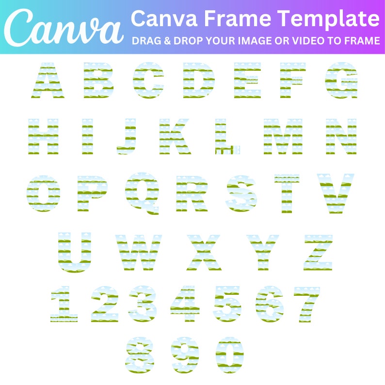 Puede incluir: Un conjunto de letras del alfabeto y n&uacute;meros con un dise&ntilde;o a rayas. Las rayas son verdes y azules, asemej&aacute;ndose a un paisaje con hierba y cielo.