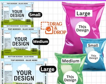 May include: A Canva chip bag template with various sizes: small, medium, and large. The design includes placeholders for custom designs, labeled "Your Design" and "This Design." The template offers a drag-and-drop feature for easy image integration.