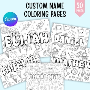 May include: A selection of custom name colouring pages. Each page displays a different name in large bubble letters, surrounded by various black and white illustrations. The pages are labelled with the text "CUSTOM NAME COLOURING PAGES" and "30 PAGES".