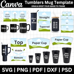 Tumbler Template Canva Editable Bundle, 20oz, 30oz & 40oz Tumbler Template, Mug Template, Libbey Glass Template, Paper Cup Wrapper Svg PSD