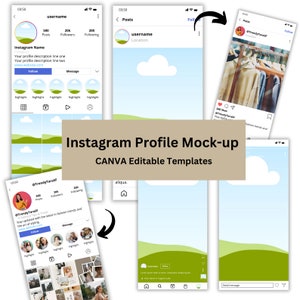 Könnte beinhalten: Ein Mockup einer Instagram-Profilseite mit hellblauem Hintergrund und grünen Hügeln. Das Profilbild ist ein Kreis mit einer weißen Wolke darin. Der Benutzername ist "username" und der Standort ist "Location". Das Profil hat 500 Beiträge, 20.000 Follower und 200 Abonnenten. Das Profil hat auch einen "Folgen"-Button und einen "Nachricht"-Button. Das Profil hat ein Raster mit neun Bildern, jedes mit einem weißen Rand. Die Bilder zeigen verschiedene Motive, darunter eine Frau, eine Landschaft und eine Stadt.