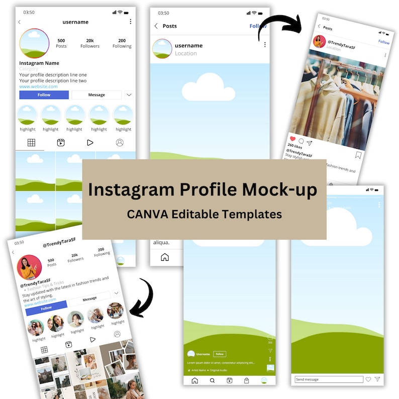 May include: A mockup of an Instagram profile page with a light blue background and green hills. The profile picture is a circle with a white cloud inside. The username is "username" and the location is "Location". The profile has 500 posts, 20,000 followers, and 200 following. The profile also has a "Follow" button and a "Message" button. The profile has a grid of nine images, each with a white border. The images are of various subjects, including a woman, a landscape, and a city.
