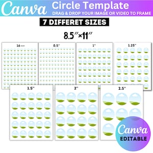 Puede incluir: Una plantilla de círculo Canva con siete tamaños diferentes, incluyendo círculos de 16 mm, 0,5", 1", 1,25", 1,5", 2" y 2,5". La plantilla está en una hoja de 21,59 cm x 27,94 cm y es editable. El logotipo de Canva es visible.