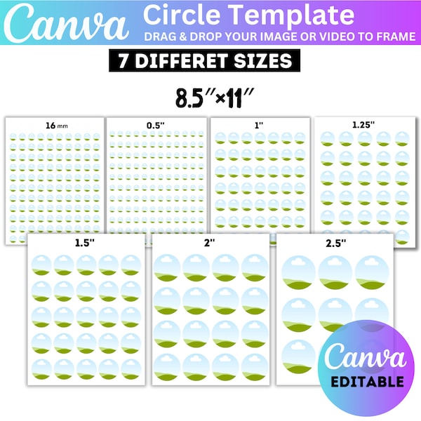 Circle Template Bundle, Multipurpose Labels Template, 8.5"x11" Sheet Circle Frame, o.5 inch, 2 inch, 2.5 inch, Pin Template Instant Download