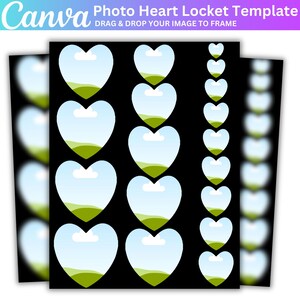 May include: A black template featuring heart-shaped photo frames. Each heart contains a sky and landscape design. The Canva logo and text "Photo Heart Locket Template" are at the top, with instructions to drag and drop images.