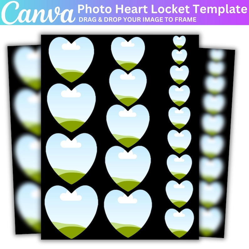 May include: A black template featuring heart-shaped photo frames. Each heart contains a sky and landscape design. The Canva logo and text "Photo Heart Locket Template" are at the top, with instructions to drag and drop images.