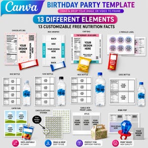 Peut inclure: Un ensemble de modèles de fête d'anniversaire numériques comprenant 13 éléments personnalisables, dont des étiquettes de valeurs nutritionnelles pour barres chocolatées, rice krispies, sachets de chips, pringles, bouteilles, capri sun et autres.