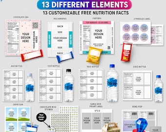 Puede incluir: Un conjunto de plantillas digitales para fiestas de cumpleaños con 13 elementos personalizables, incluyendo etiquetas de información nutricional para barras de chocolate, arroz inflado, bolsas de papas, pringles, botellas, capri sun y otros.