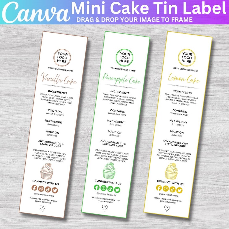 10 Mini Cake Tin Label Template, Canva Editable Bakery Packaging Label, Small Cake Sticker, Printable Round Dessert Label DIY Food Branding image 3